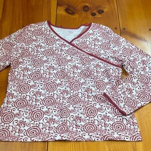 GARNET HILL Green Cotton S Red Whimsical Asian Wrap Pajama Top Long Sleeve